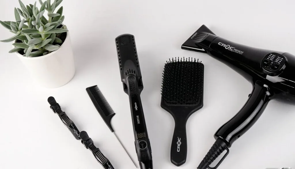 Haircare bottles in a styled flat-lay