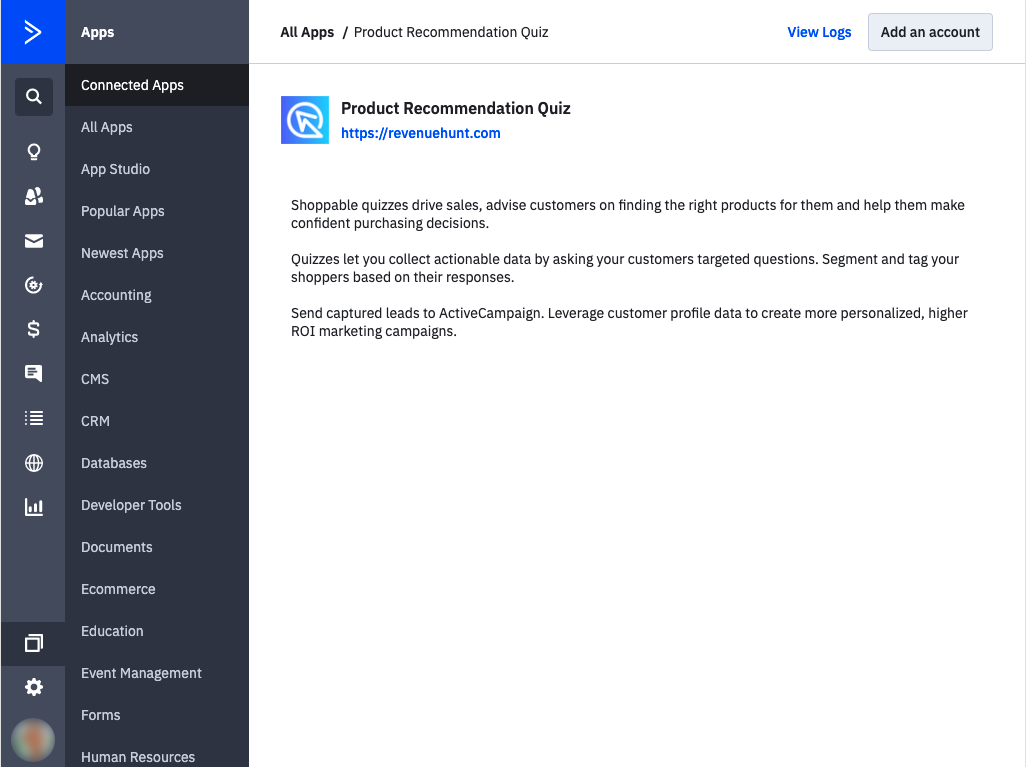 Add an account screen in ActiveCampaign