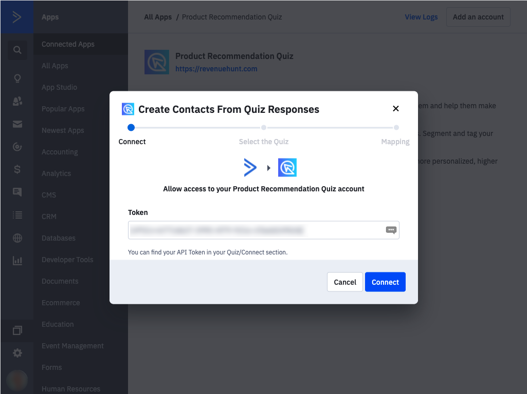 API Token entry in ActiveCampaign