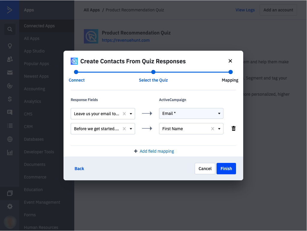 Field mapping screen between quiz and ActiveCampaign