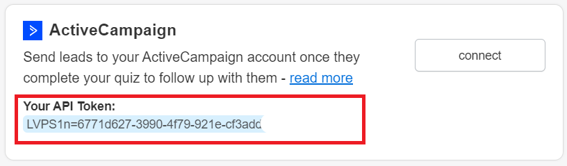 ActiveCampaign section in the RevenueHunt Connect tab