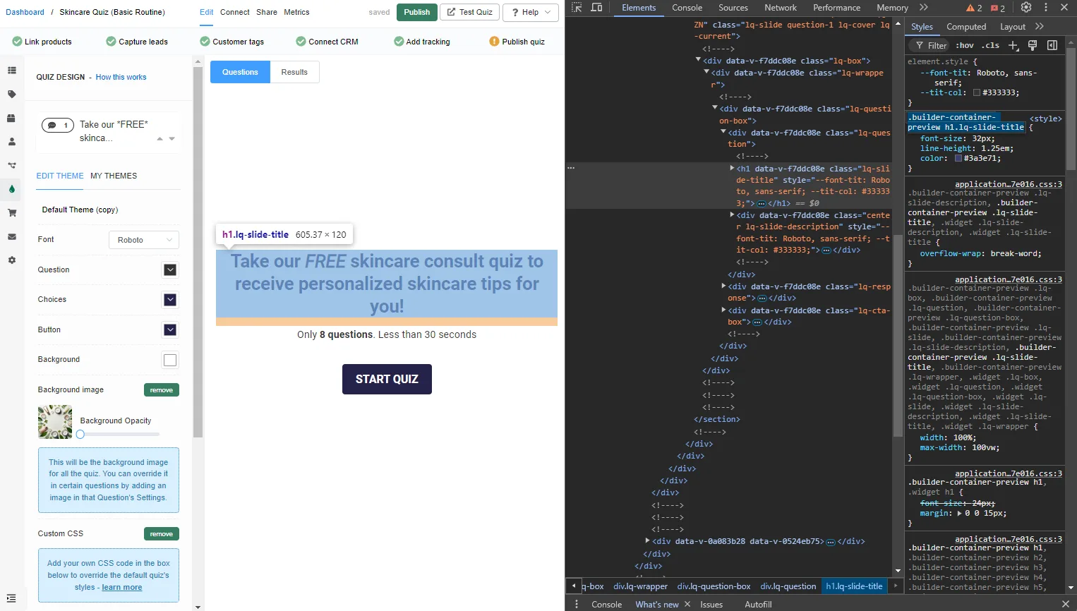 Browser DevTools showing how to inspect a quiz element to find its CSS selector