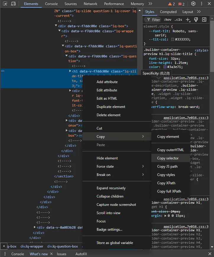 Browser DevTools elements panel highlighting the selector for a specific quiz element