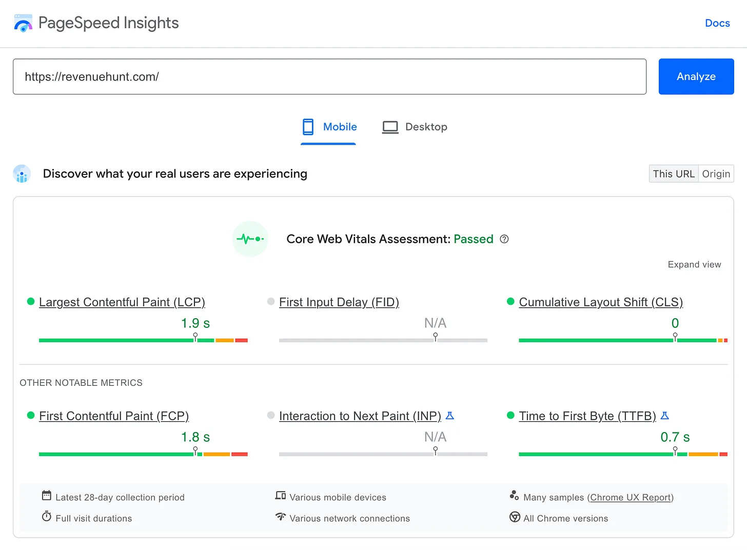 Google PageSpeed Insights report showing Core Web Vitals scores