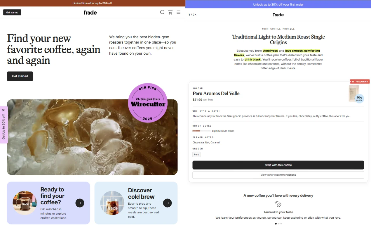 Trade Coffee taste-profile quiz funnel
