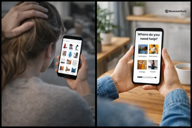 Homepage hero featuring a product recommendation quiz as the primary CTA above the product grid