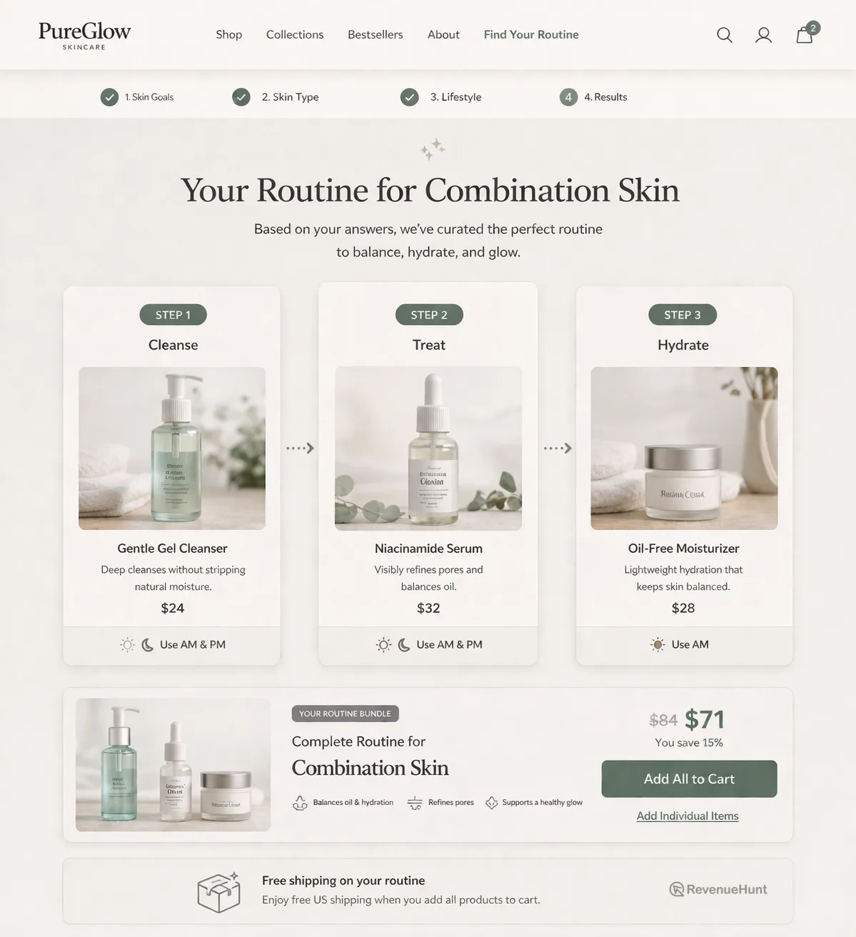 Structured results page with a personalised recommendation and an Add All to Cart bundle option