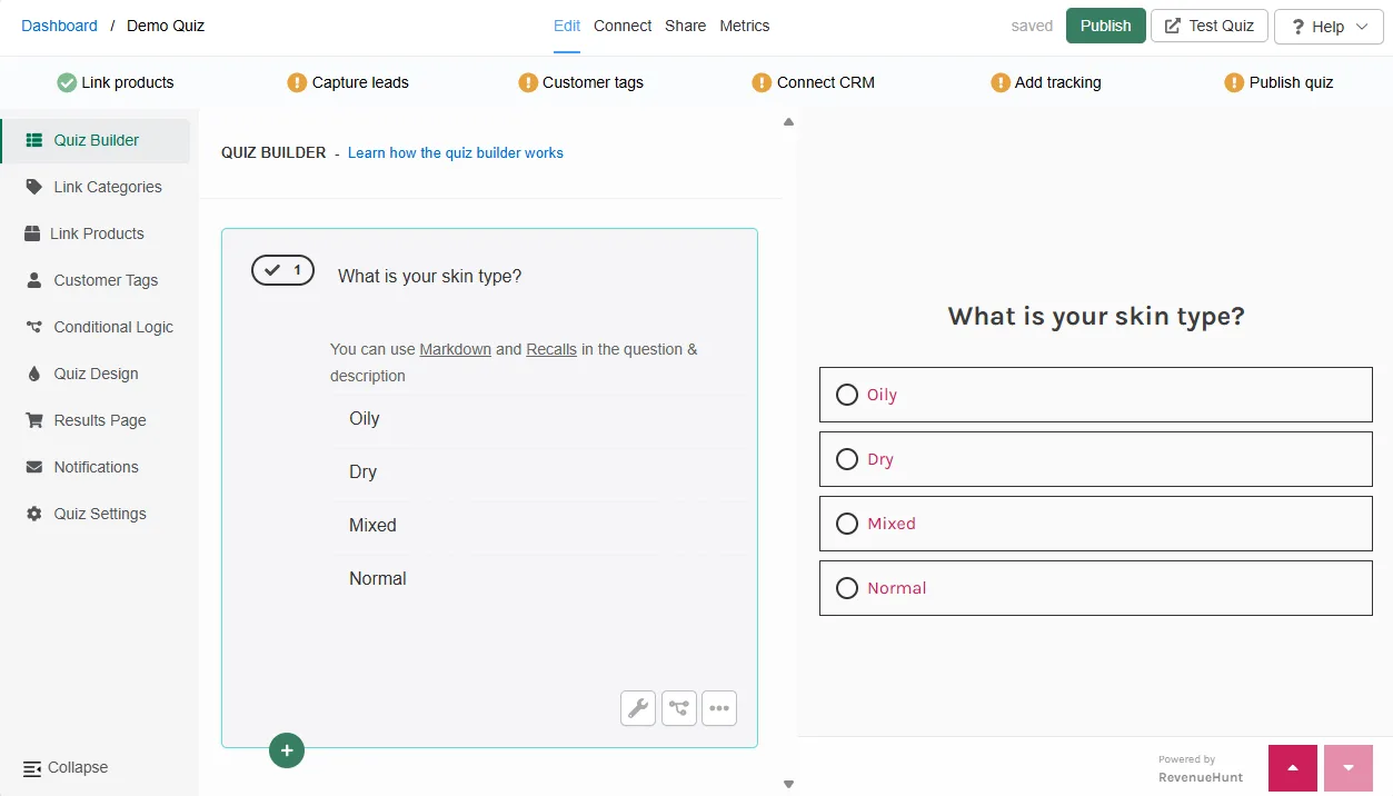 Standalone Quiz Builder with the question flow on the left and choice settings on the right