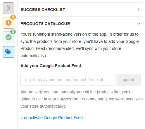 Standalone Google Product Feed import showing products synced from a Google Merchant Center feed