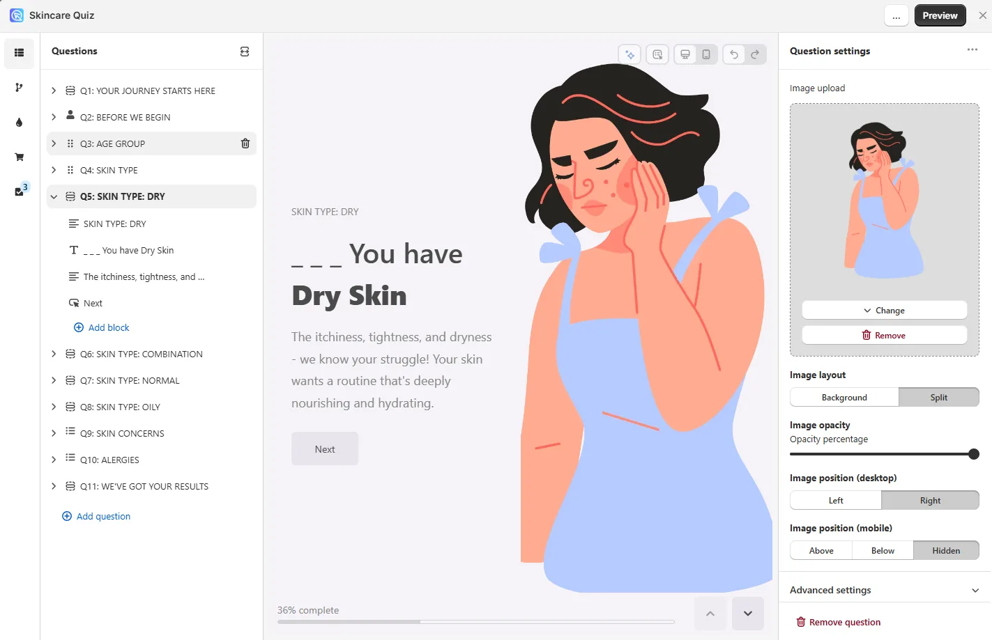 Product recommendation quiz first question on a Shopify store