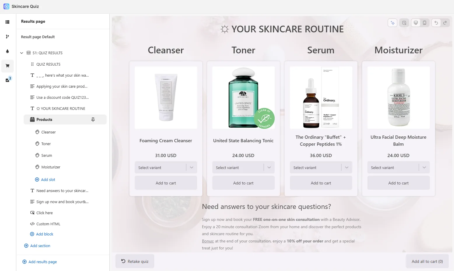 Product category slots grouping recommendations into a skincare routine