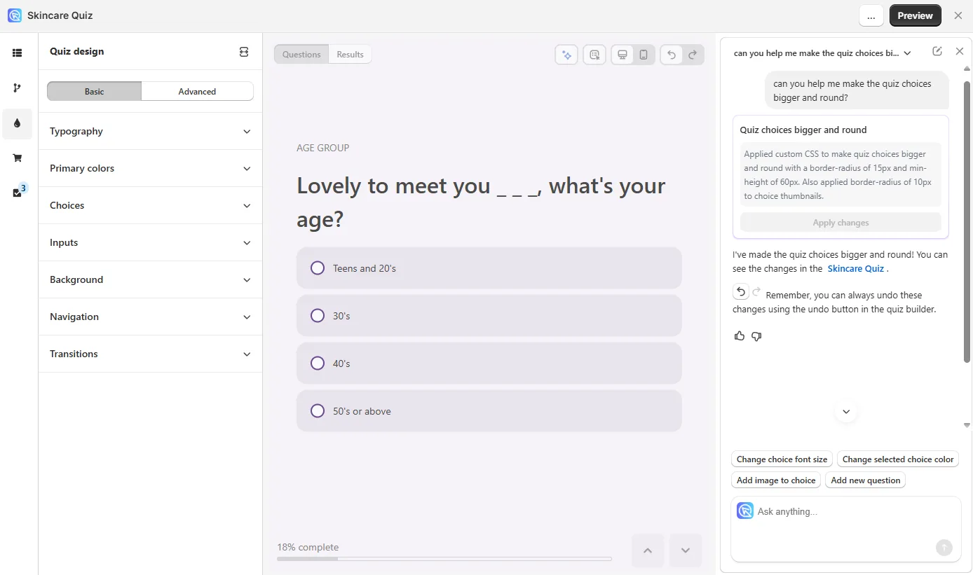Quiz Copilot AI assistant building a quiz from a prompt