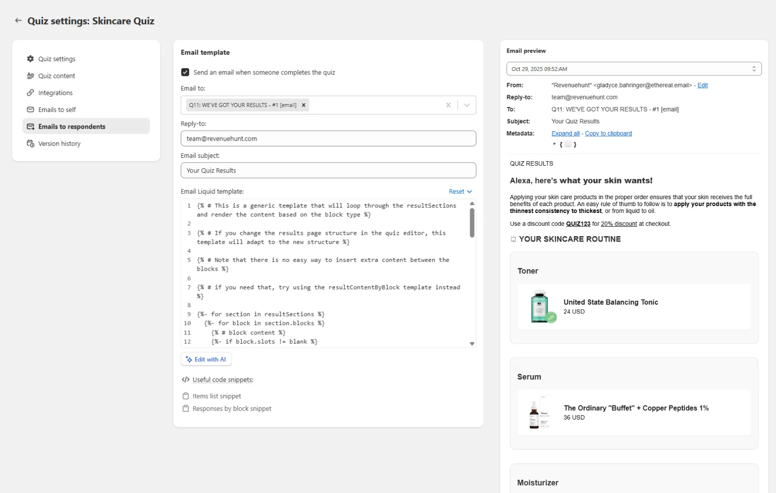Sample personalised email delivered to a shopper after completing the quiz