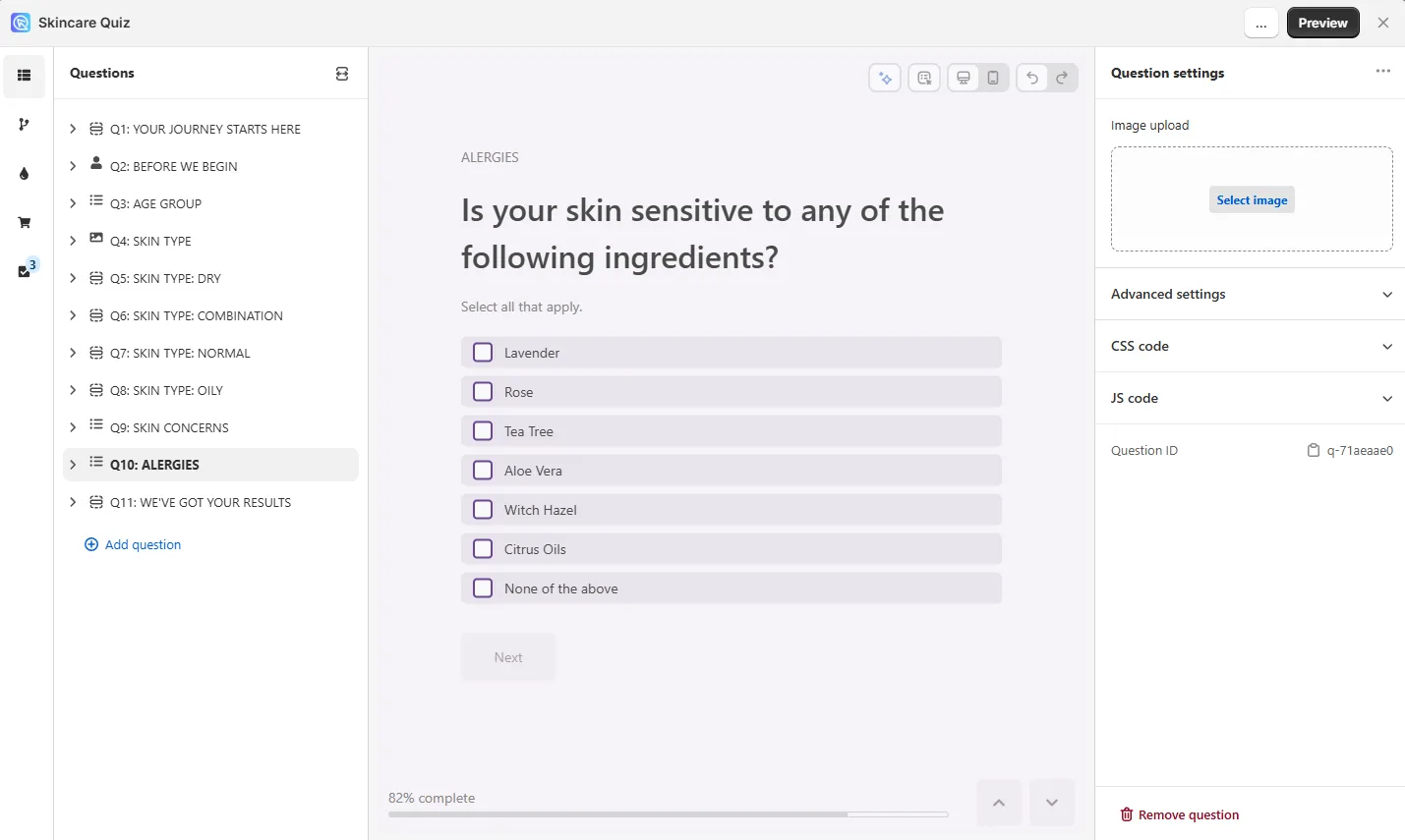 Product recommendation quiz follow-up questions adapting to the shopper's answer