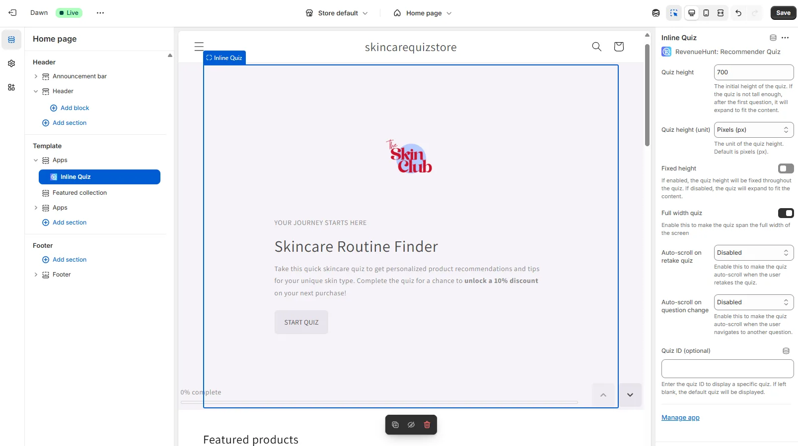 Quiz embed options inside the Shopify theme editor