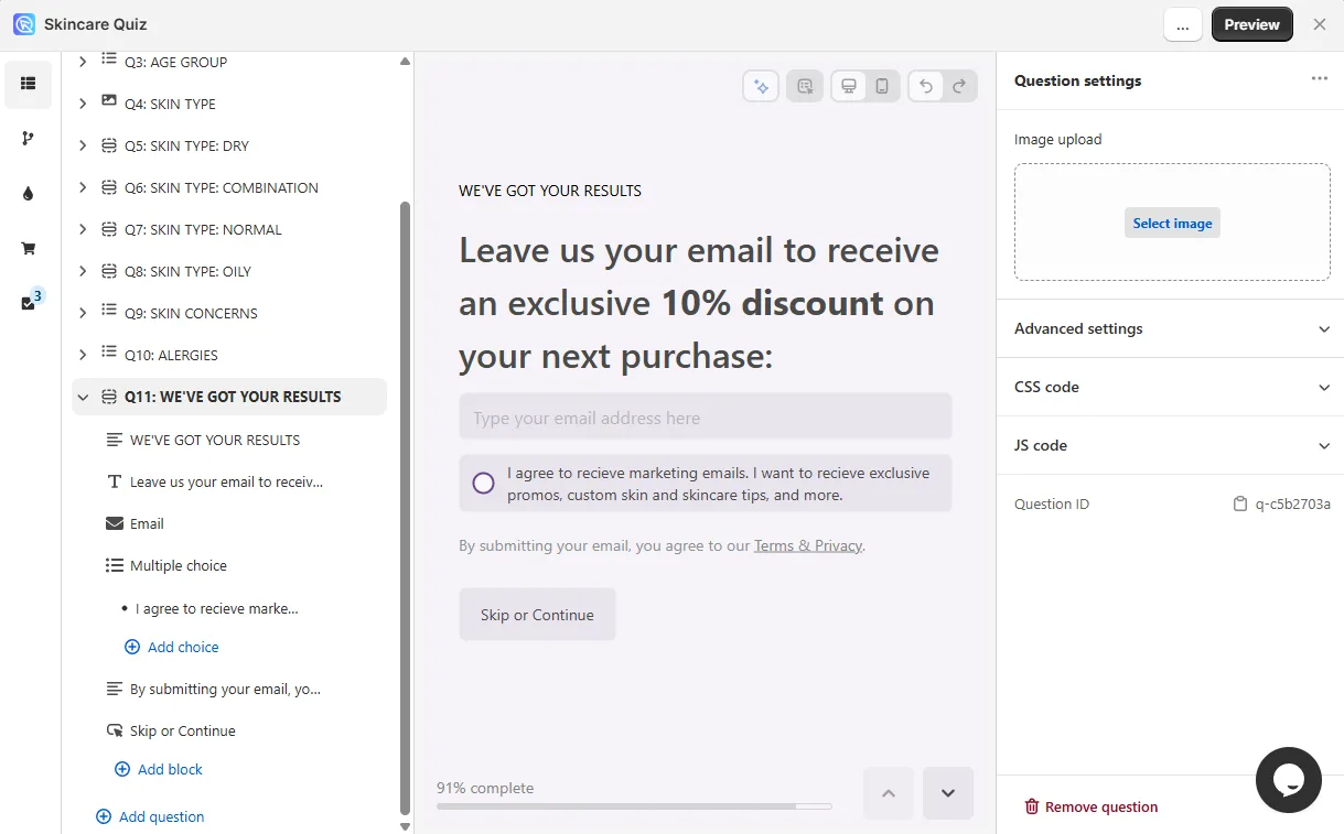 Email lead capture step inside the quiz flow