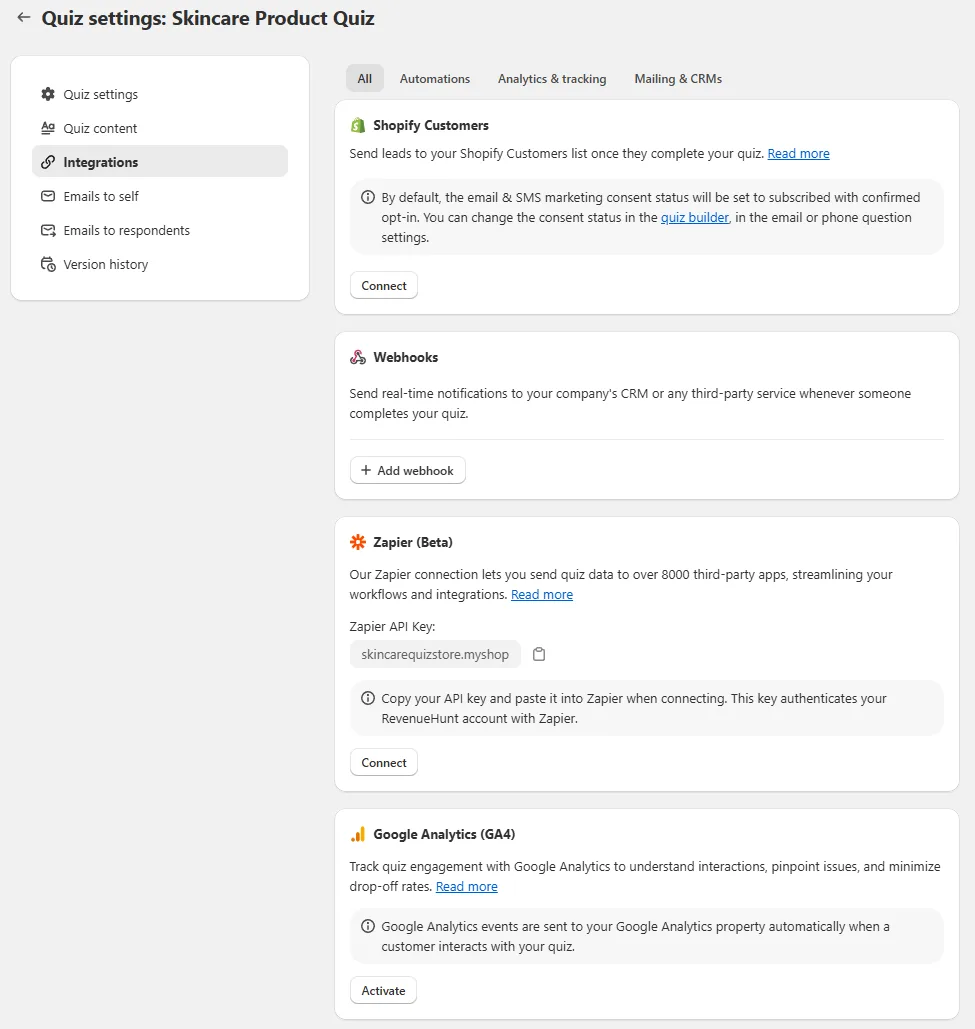 Native integration settings panel for Klaviyo, Omnisend, Mailchimp and HubSpot