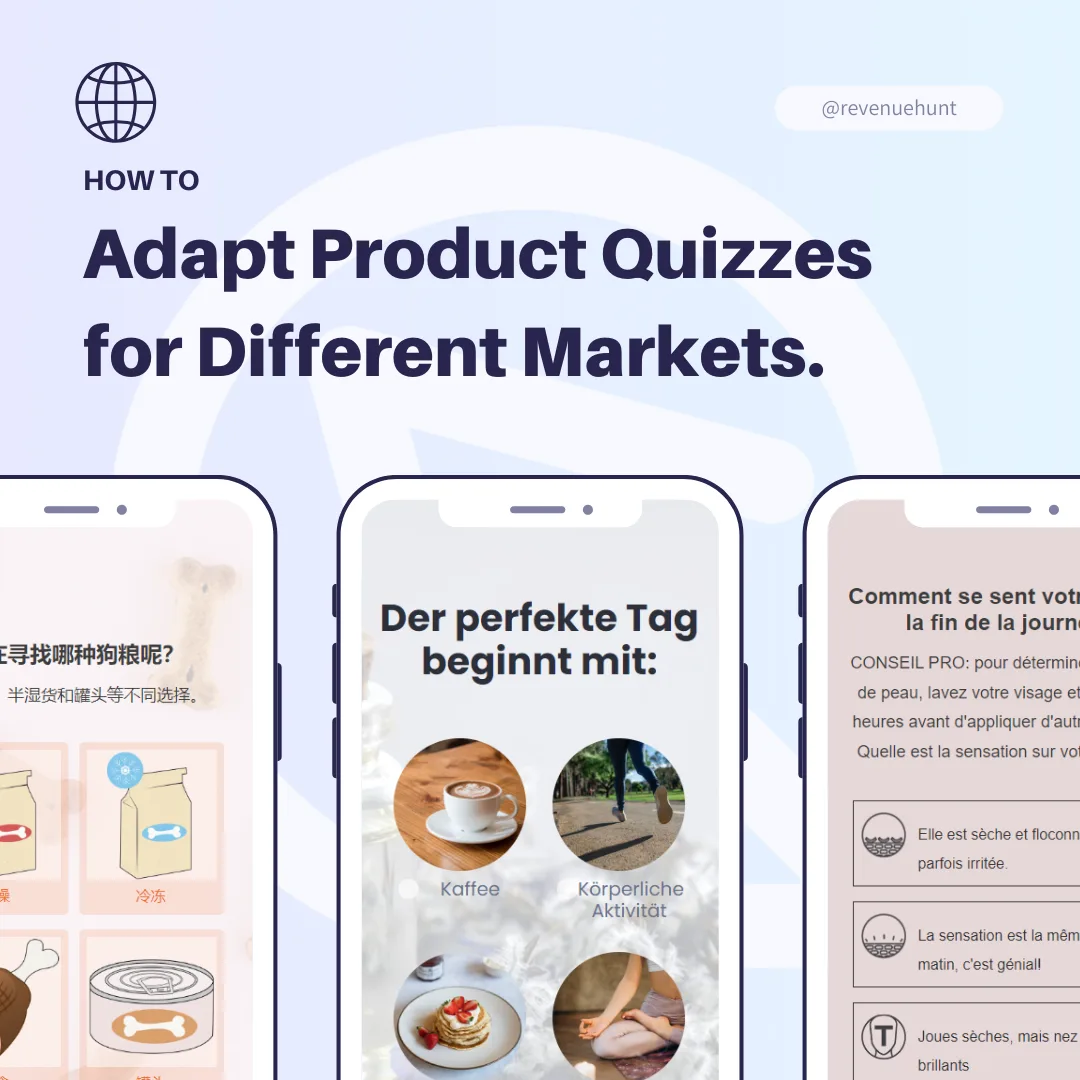Diagram showing a product quiz adapting questions, language and currency to different markets across regions
