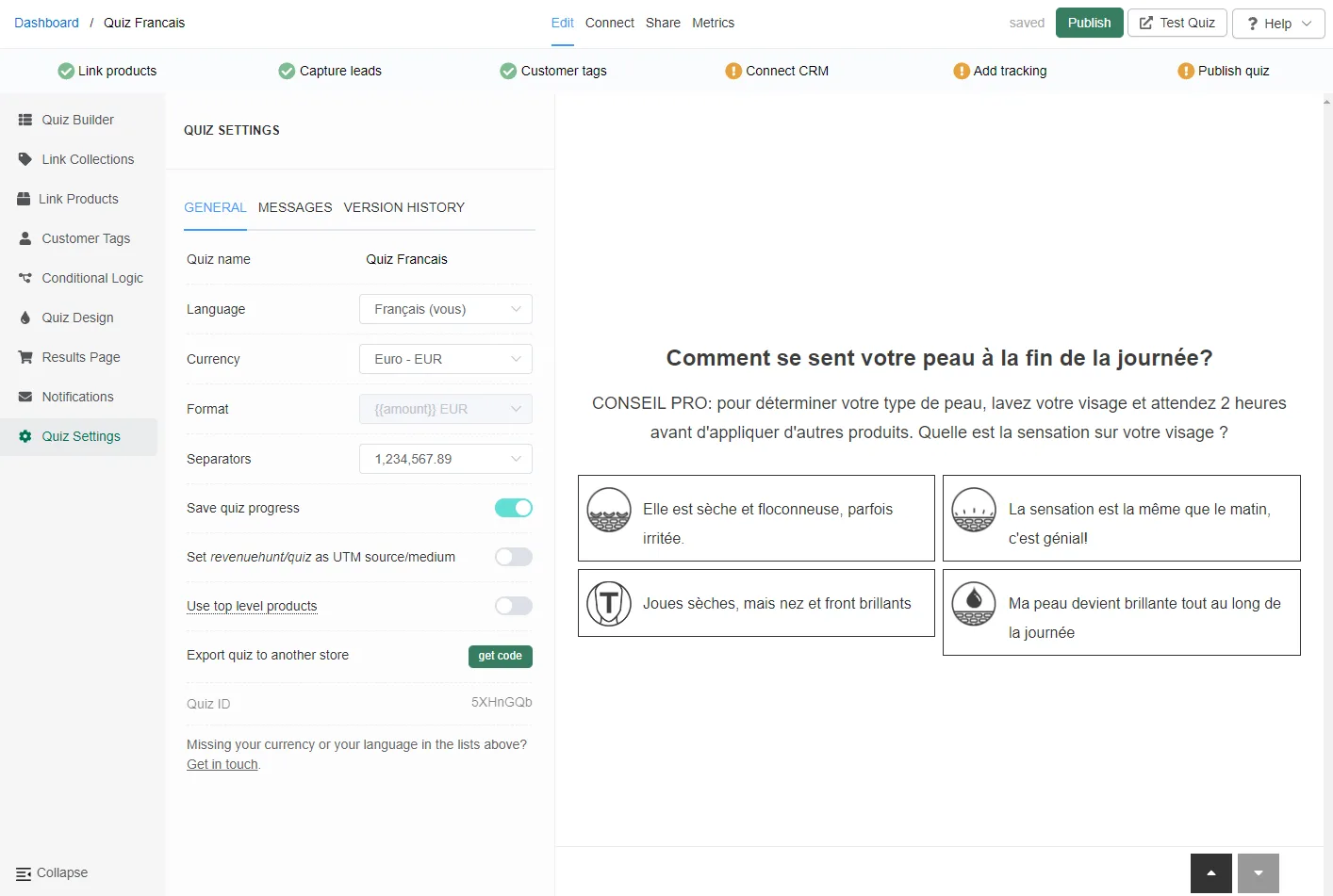 Quiz Builder design panel showing per-market visual customisation options