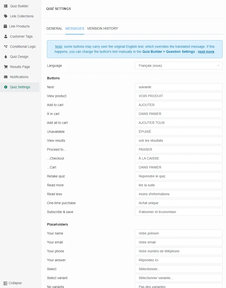 Quiz Builder Messages settings panel where UI button labels and system messages can be translated