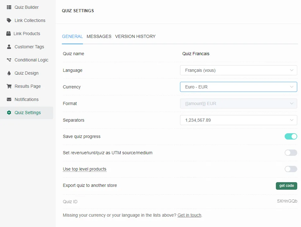 Quiz duplication and language settings panel in the Quiz Builder for non-BFS platforms