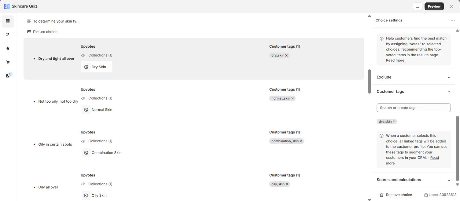Quiz Builder Choice Settings panel on Built for Shopify with customer tags attached to a quiz answer