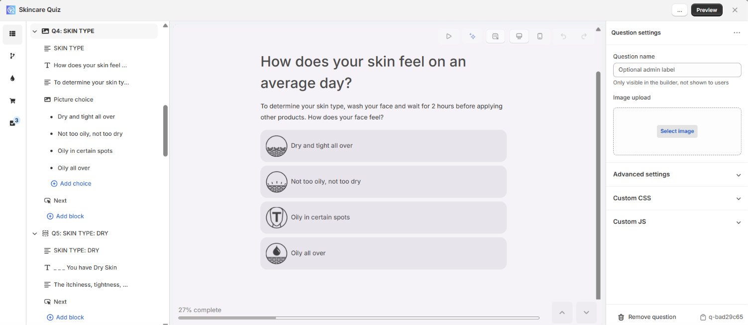 Quiz Builder showing a product recommendation quiz that has been created on Built for Shopify
