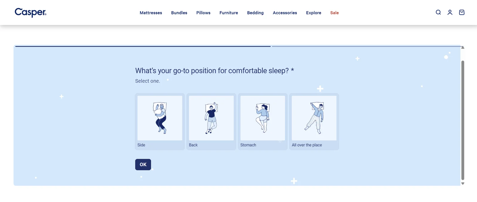 Casper sleep quiz styled to match the store's brand colours and typography