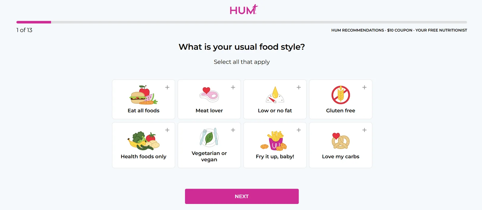 HUM Nutrition quiz with plain-language answer choices in the 3-to-6 range
