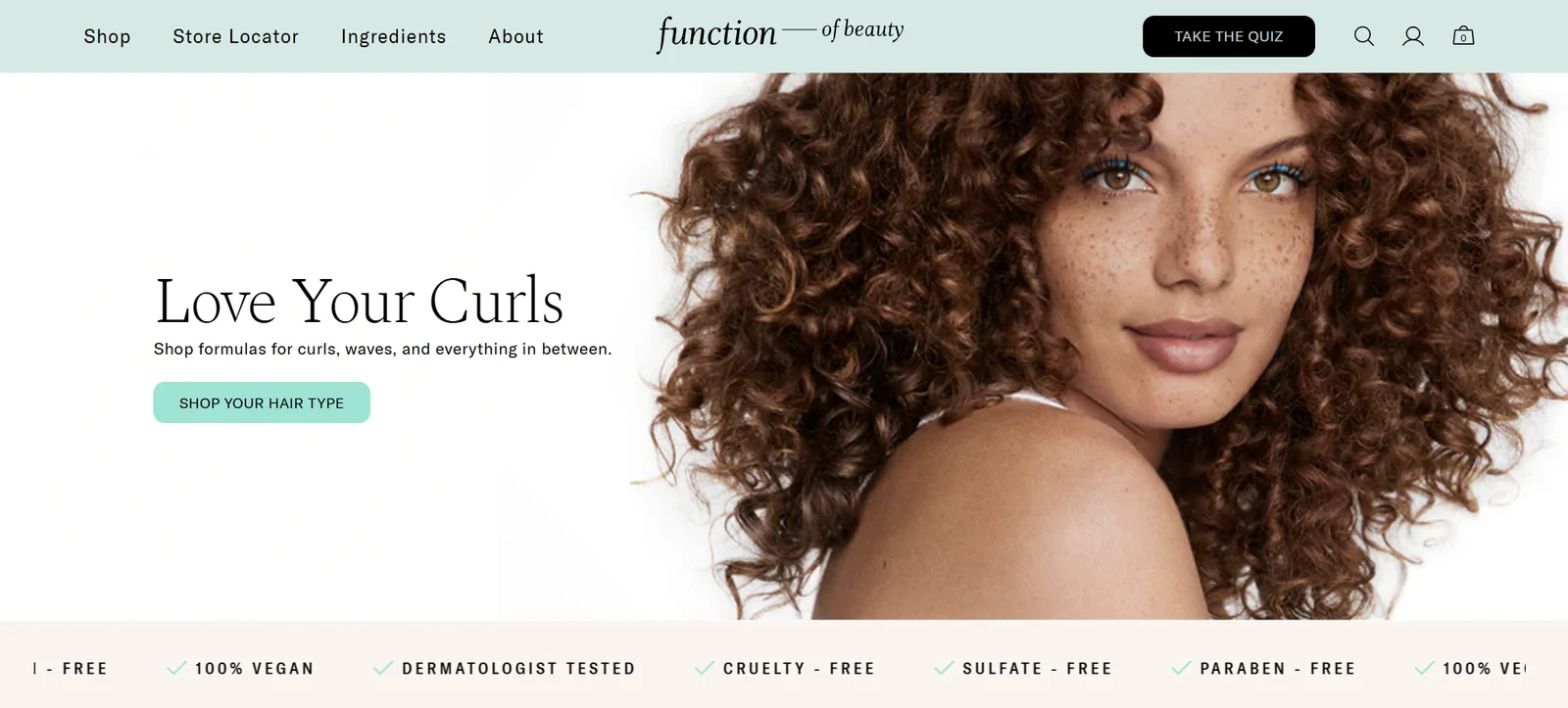 Function of Beauty homepage with a quiz CTA above the fold