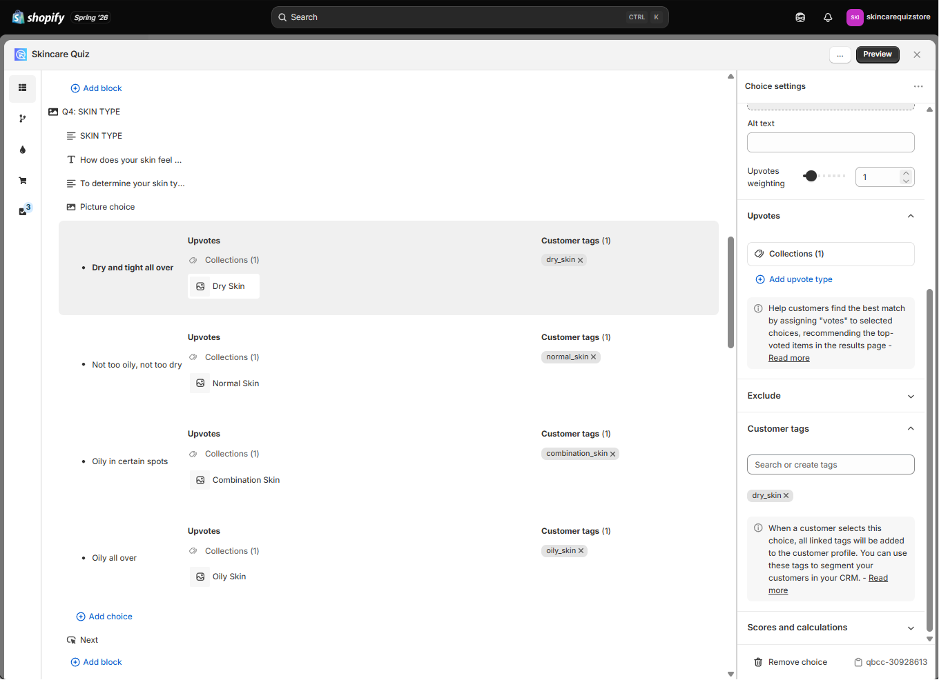 Built for Shopify Choice Settings panel with customer tags attached to a quiz answer choice, shown as grey labels below the tag input field
