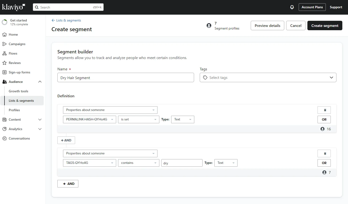 Klaviyo segment editor showing the filter condition based on the Curly Hair customer tag from the quiz