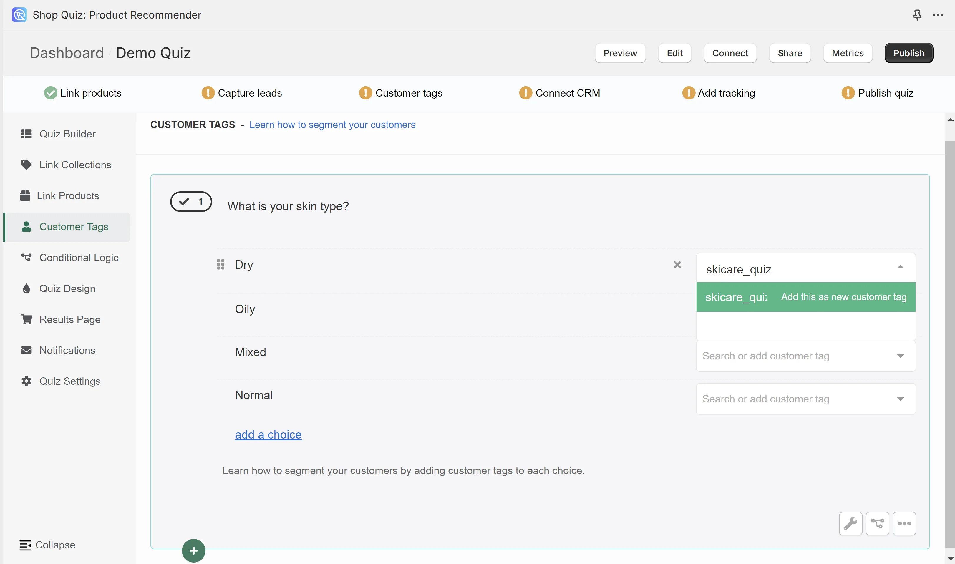 Quiz Builder Customer Tags section showing how to add a new tag against a quiz choice