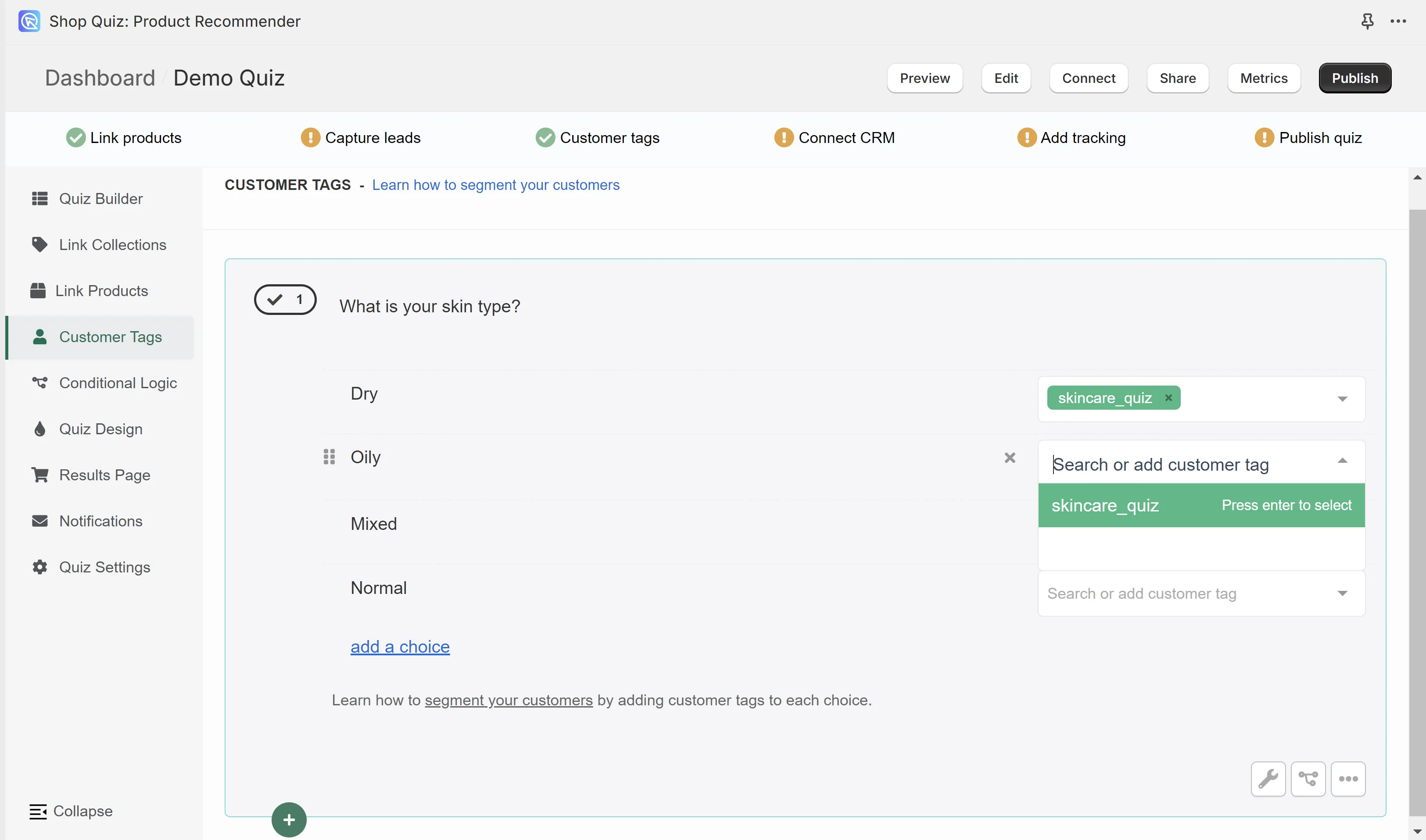 Quiz Builder showing a customer tag linked to a quiz choice with the green confirmation state