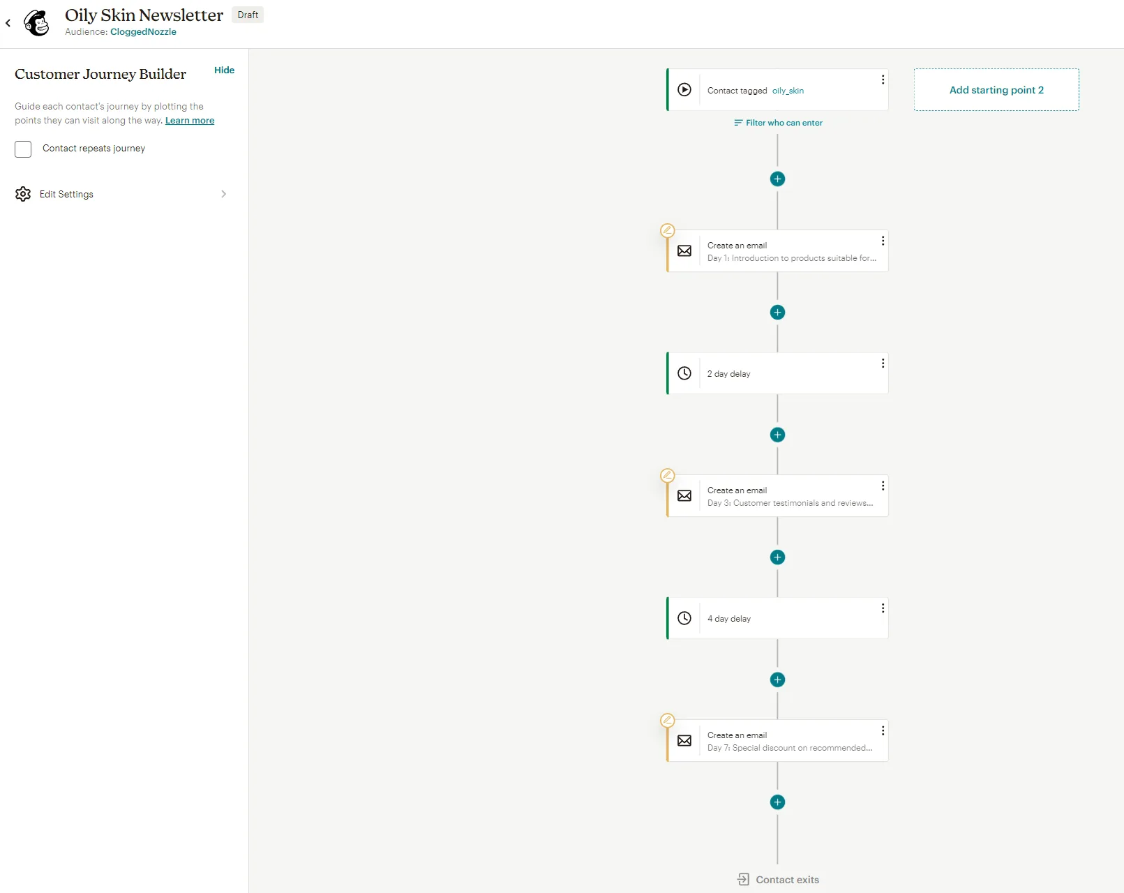 Mailchimp email template editor showing a tag-targeted product recommendation email