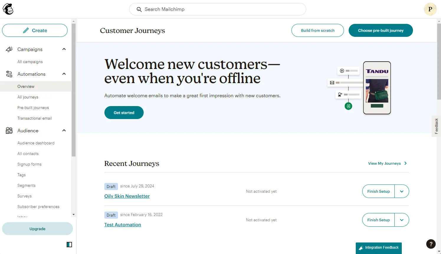 Mailchimp Automations dashboard with tag-triggered email sequences configured