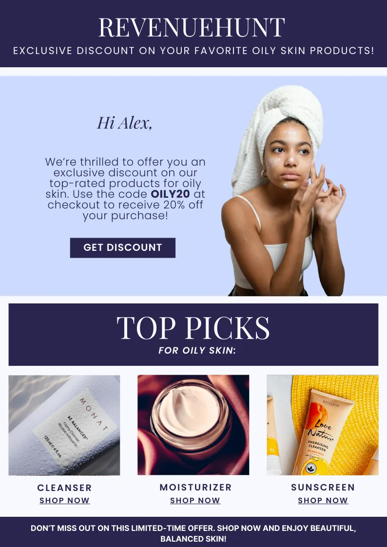 Sample Mailchimp email template offering a discount on recommended oily-skin products