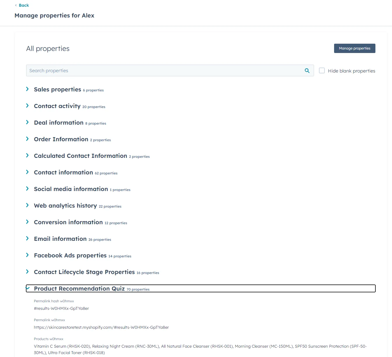 Product Recommendation Quiz section under custom properties