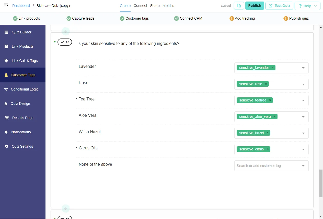 Customer tag configuration on a quiz answer choice
