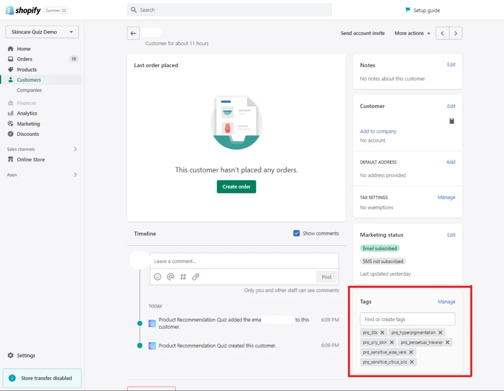 Shopify Customer record with quiz-derived customer tags applied