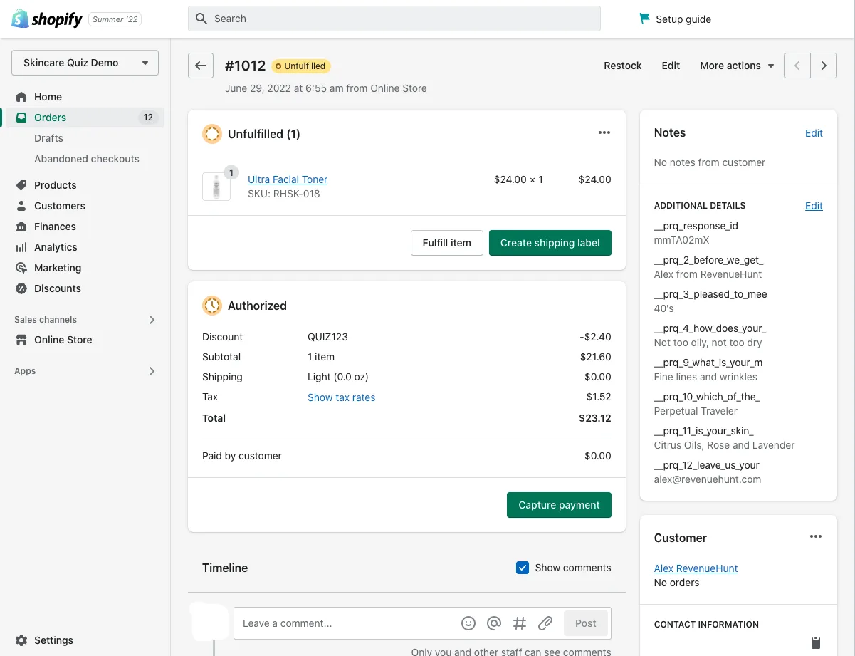 Shopify order showing quiz answers attached as notes alongside the order details