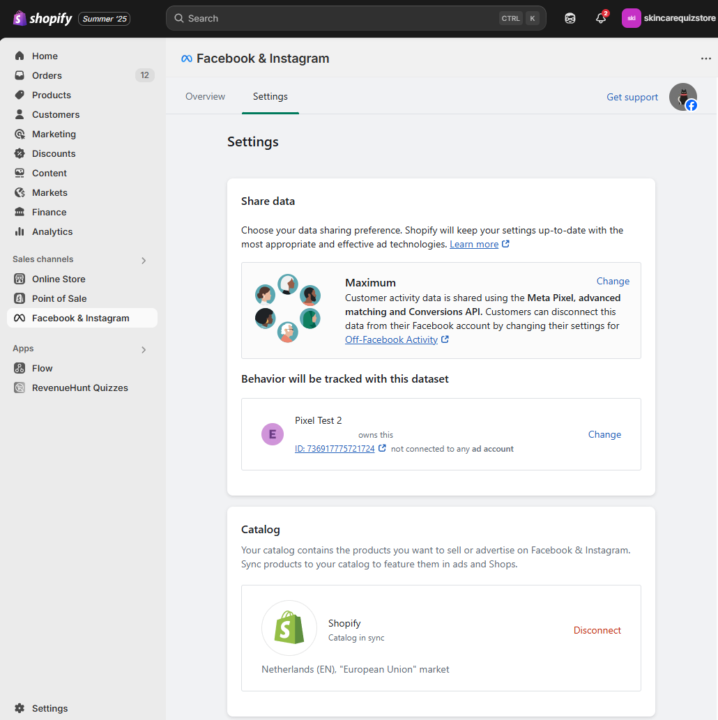 Facebook and Instagram app settings in Shopify with Shared data set to Maximum