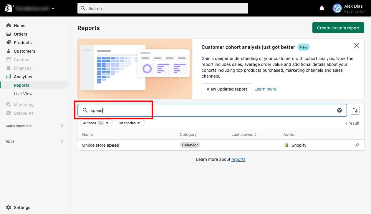 Shopify admin Reports section showing the Online store speed entry