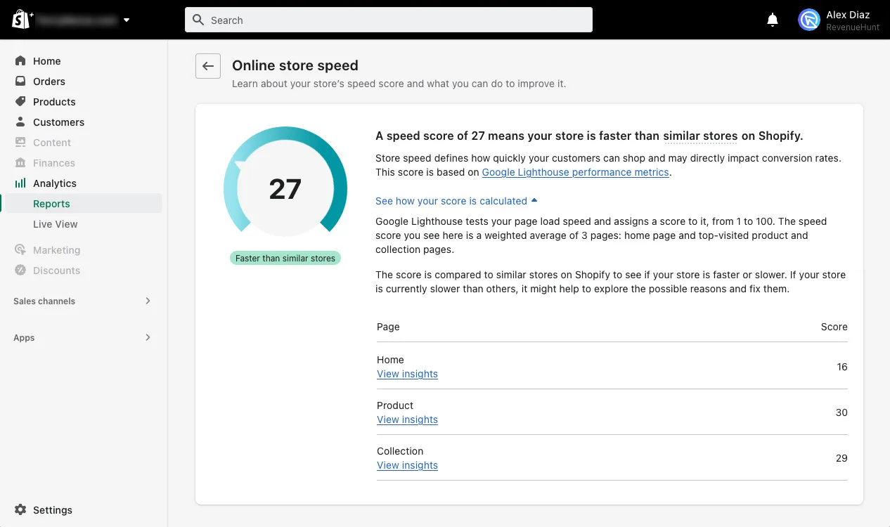 Shopify speed score breakdown showing the weighted average across home, product and collection pages