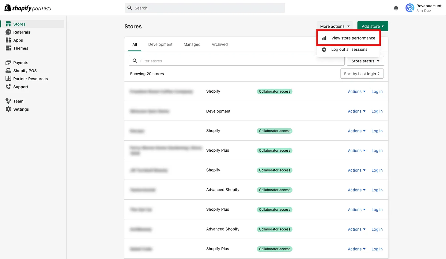 Shopify Partners dashboard with the View store performance option in the More actions dropdown