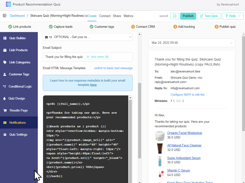 Advanced HTML email editor with a brand-styled quiz results template