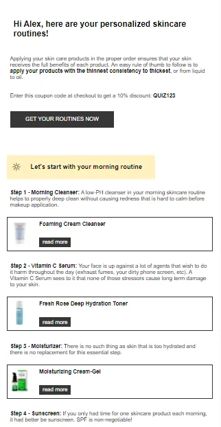 Sample branded quiz results email with the personalised recommendation