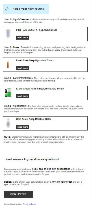 Sample plain-text quiz results email with the same product recommendation