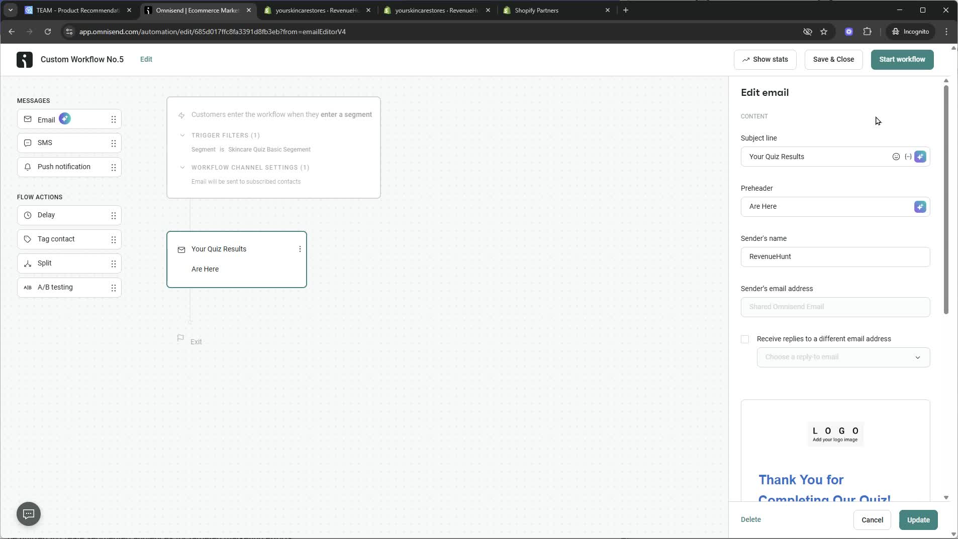 Omnisend automation workflow triggered by a segment of quiz takers