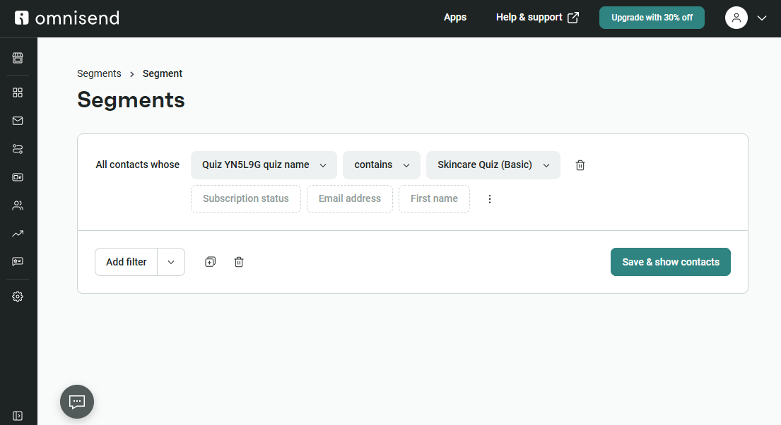 Omnisend segment builder filtering on a quiz custom property